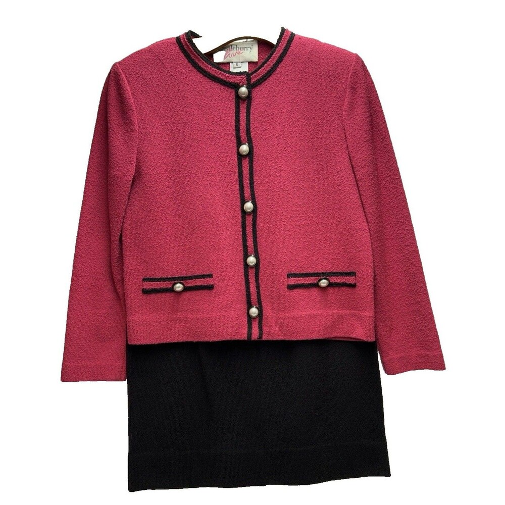 VTG 2Pc Pink Knit Blazer & Black Skirt Set Pearl Buttons Castleberry USA Women 6